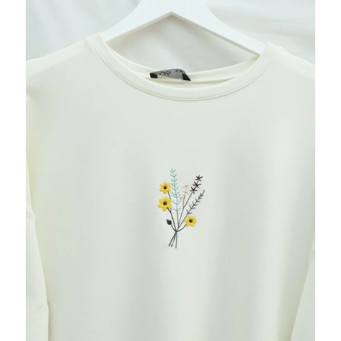 Önü Çiçek Nakışlı Yuvarlak Yaka Salaş Penye Tunik   -Ekru