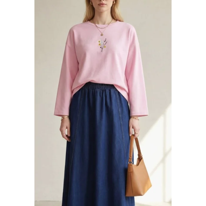 Önü Çiçek Nakışlı Yuvarlak Yaka Salaş Penye Tunik  -Pembe