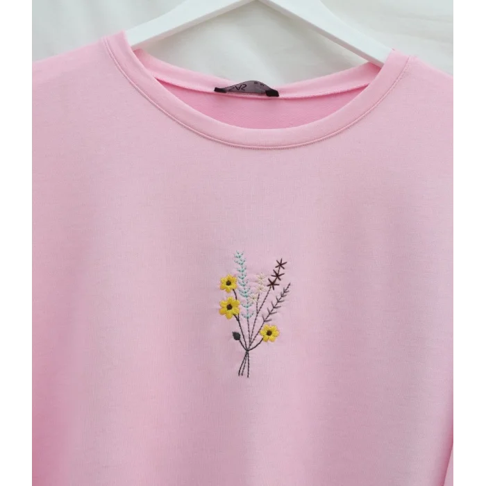 Önü Çiçek Nakışlı Yuvarlak Yaka Salaş Penye Tunik  -Pembe