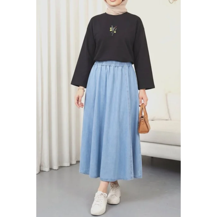 Önü Çiçek Nakışlı Yuvarlak Yaka Salaş Penye Tunik  -Siyah