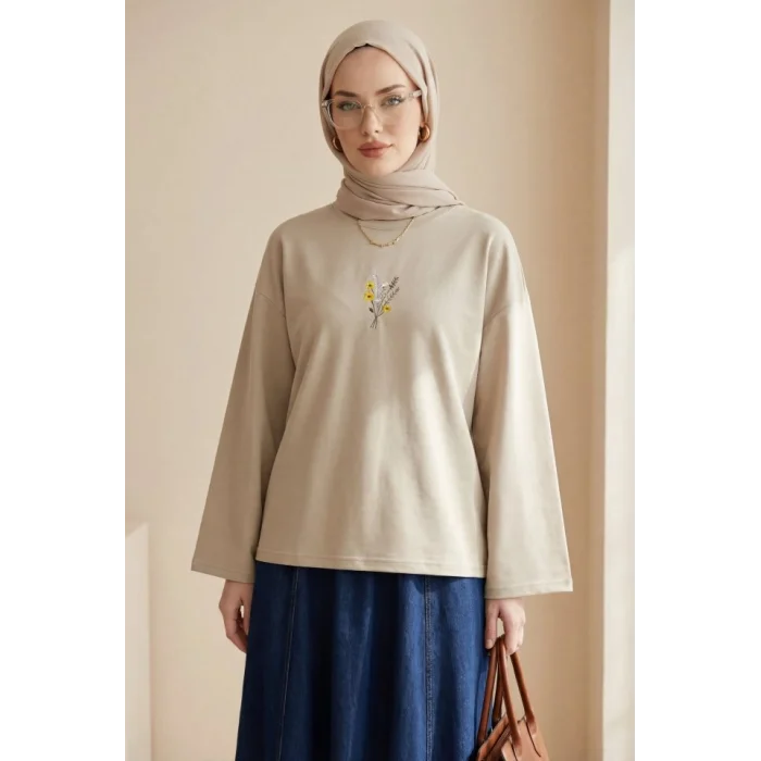 Önü Çiçek Nakışlı Yuvarlak Yaka Salaş Penye Tunik   -Taş