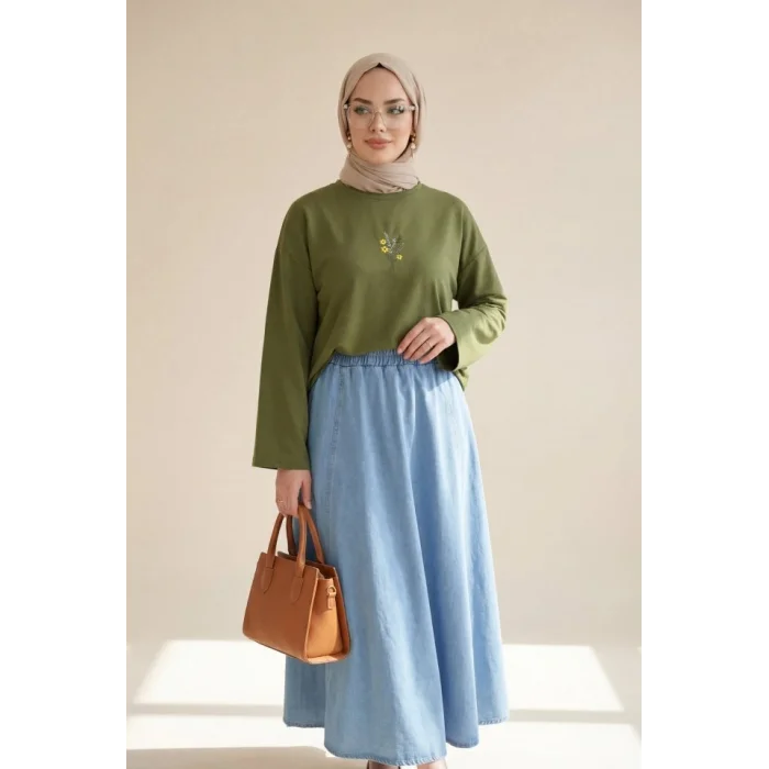 Önü Çiçek Nakışlı Yuvarlak Yaka Salaş Penye Tunik  -Yeşil