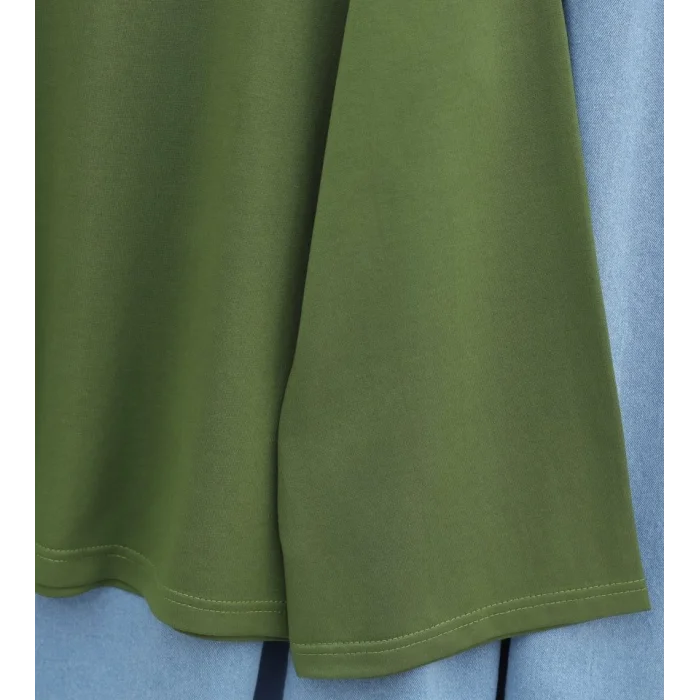 Önü Çiçek Nakışlı Yuvarlak Yaka Salaş Penye Tunik  -Yeşil