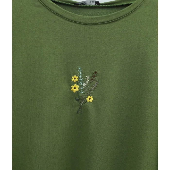 Önü Çiçek Nakışlı Yuvarlak Yaka Salaş Penye Tunik  -Yeşil