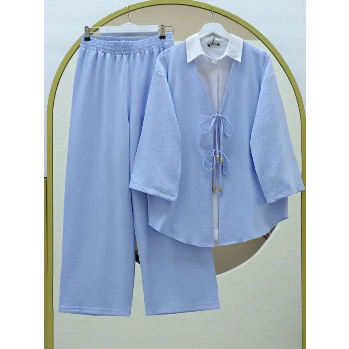 Önü Çift Bağlamalı Pantolonlu Kimono Takım -Bebe Mavi