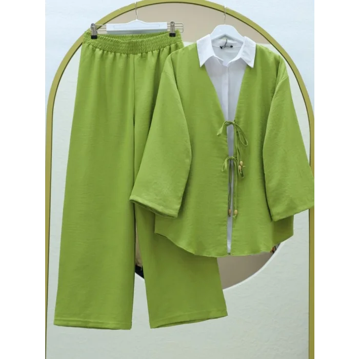 Önü Çift Bağlamalı Pantolonlu Kimono Takım -Yağ Yeşili