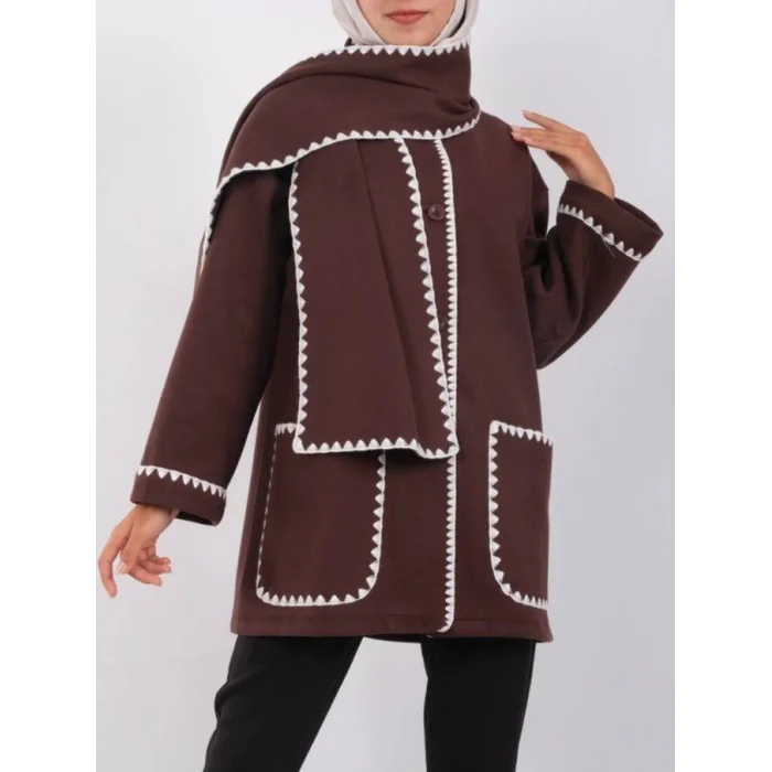 Önü Düğmeli Atkılı Cepli Ceket -Kahve