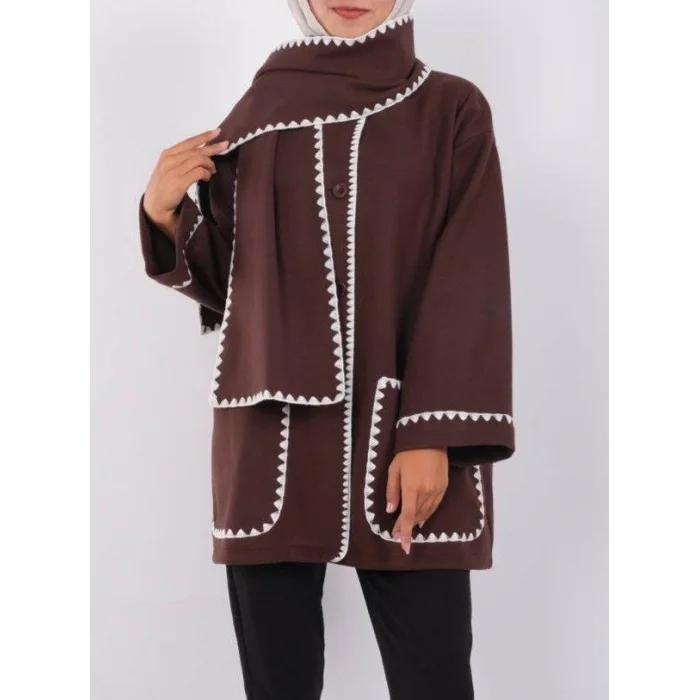 Önü Düğmeli Atkılı Cepli Ceket -Kahve