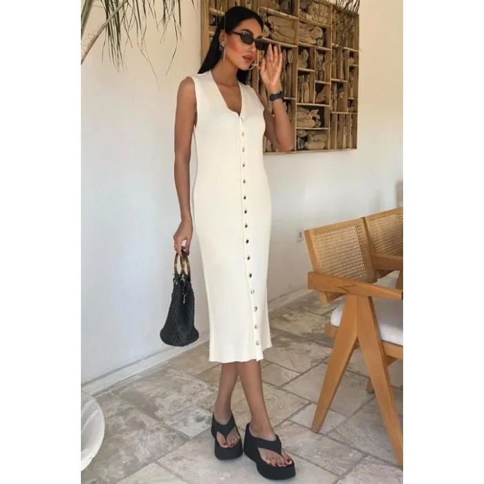 Önü Düğmeli Fitilli Kolsuz Elbise 2832