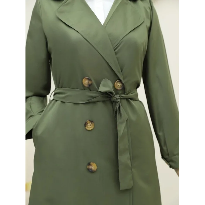 Önü Düğmeli Kuşaklı Cepli Trençkot -Haki