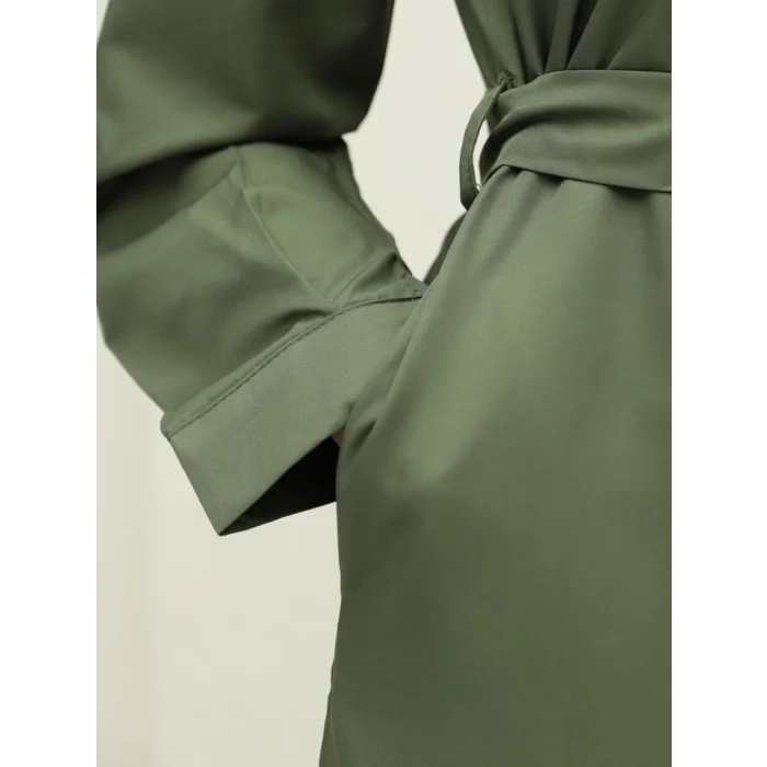 Önü Düğmeli Kuşaklı Cepli Trençkot -Haki