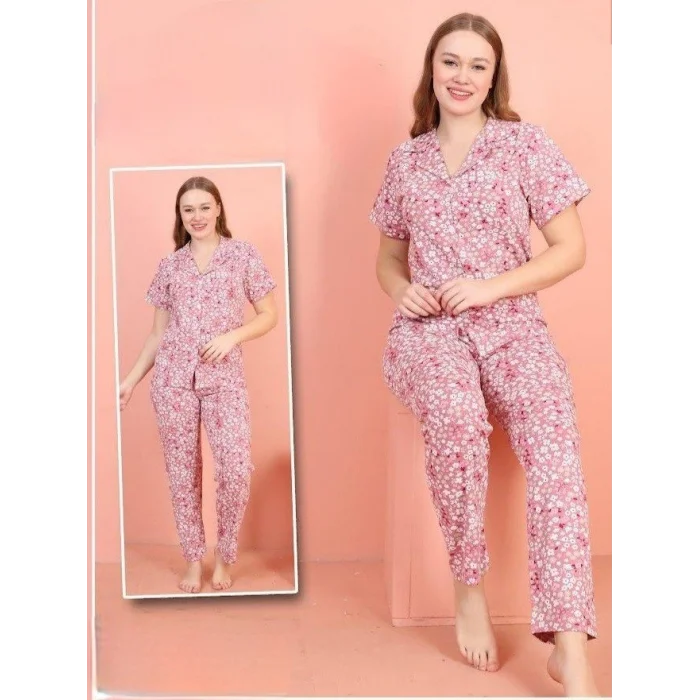 Önü Düğmeli V Yaka Kısa Kollu Pijama Takımı -Pembe