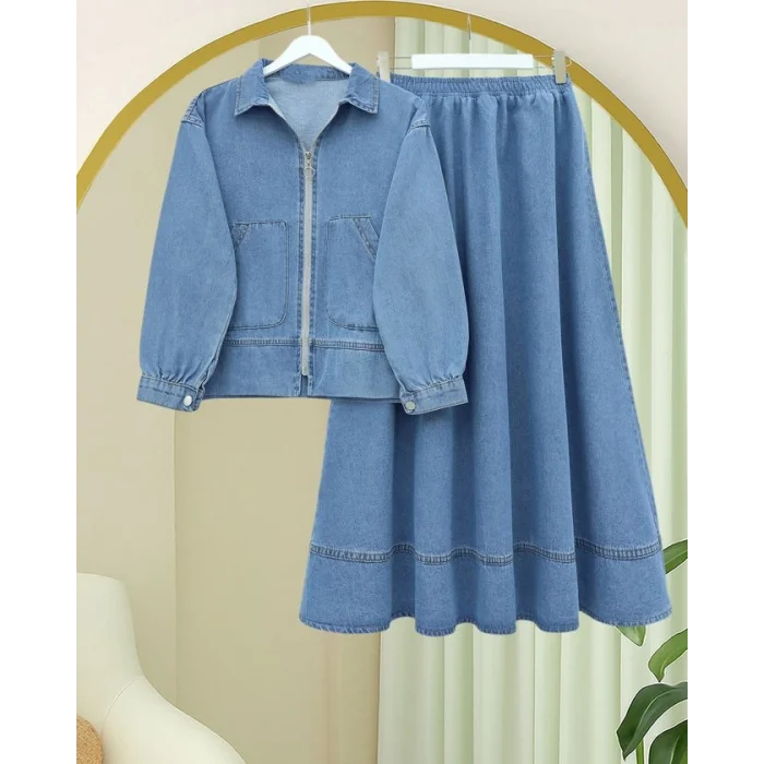 Önü Fermuarlı Çift Cepli Etekli Kot Takım -Buz Mavi