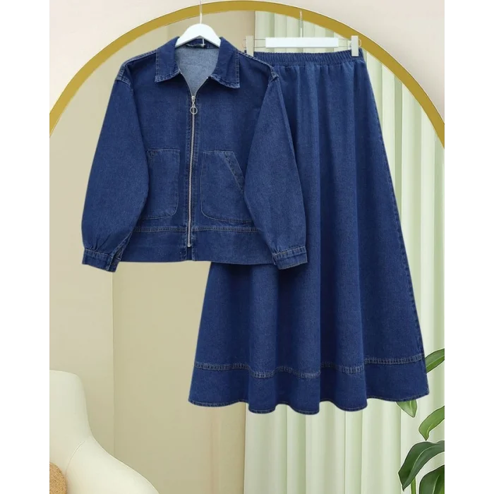 Önü Fermuarlı Çift Cepli Etekli Kot Takım -İndigo