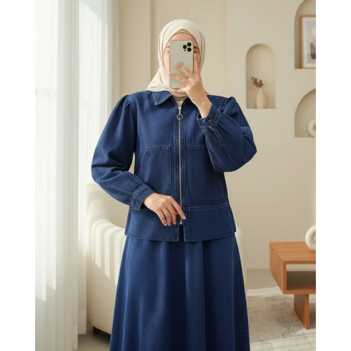 Önü Fermuarlı Çift Cepli Etekli Kot Takım -İndigo