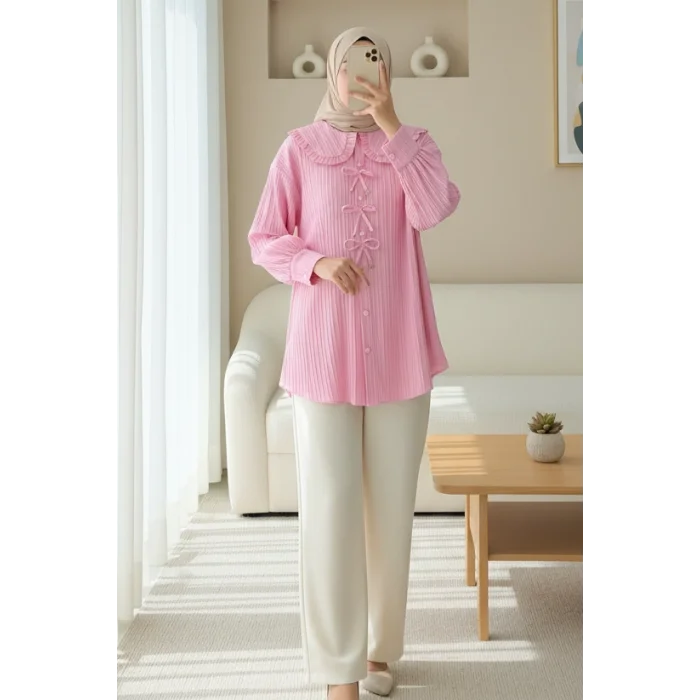 Önü Kurdele Detaylı Düğmeli Önlük Yaka Gömlek -Pembe