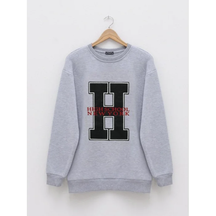 Önü Nakışlı Bisiklet Yaka Sweat Tunik -Gri