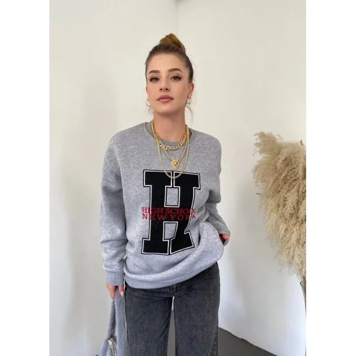 Önü Nakışlı Bisiklet Yaka Sweat Tunik -Gri