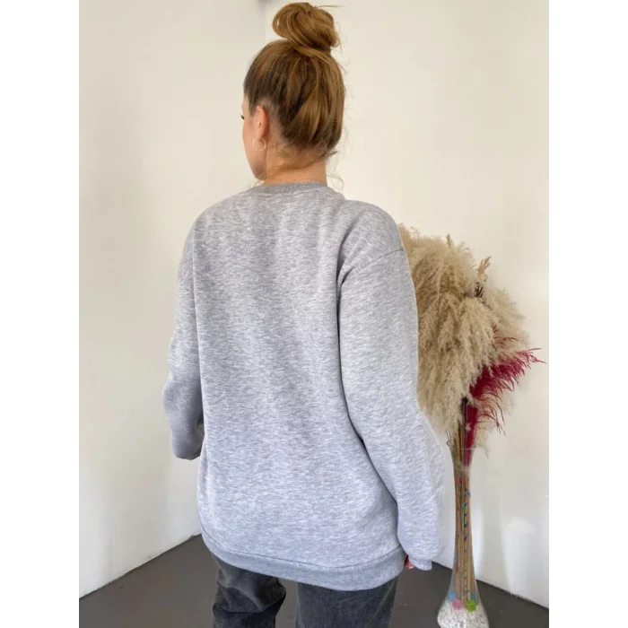 Önü Nakışlı Bisiklet Yaka Sweat Tunik -Gri