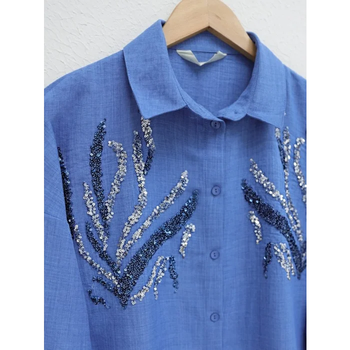 Önü Pul Payetli Uzun Gömlek  -İndigo