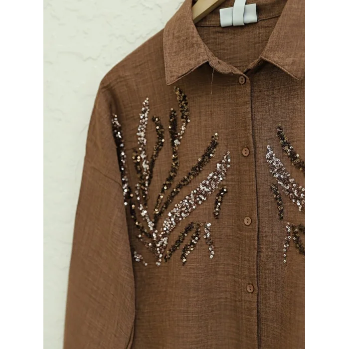 Önü Pul Payetli Uzun Gömlek    -Kahve