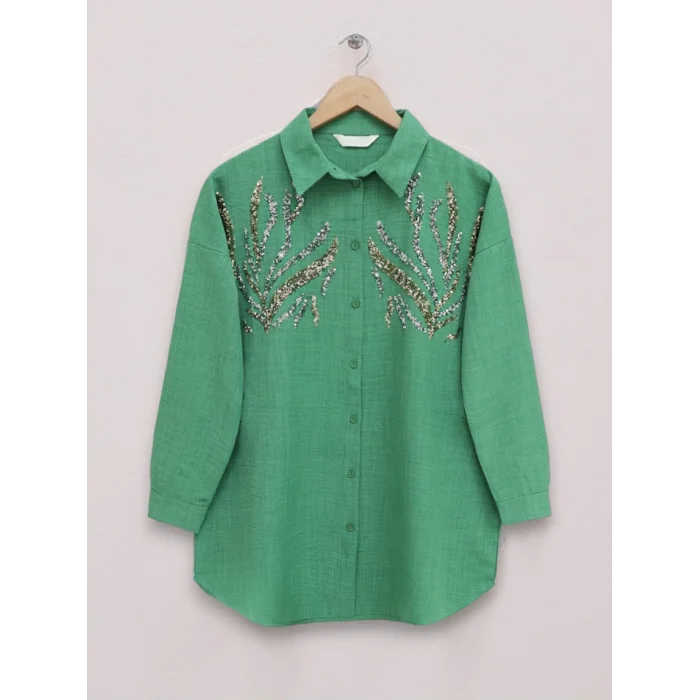 Önü Pul Payetli Uzun Gömlek  -Orman Yş.