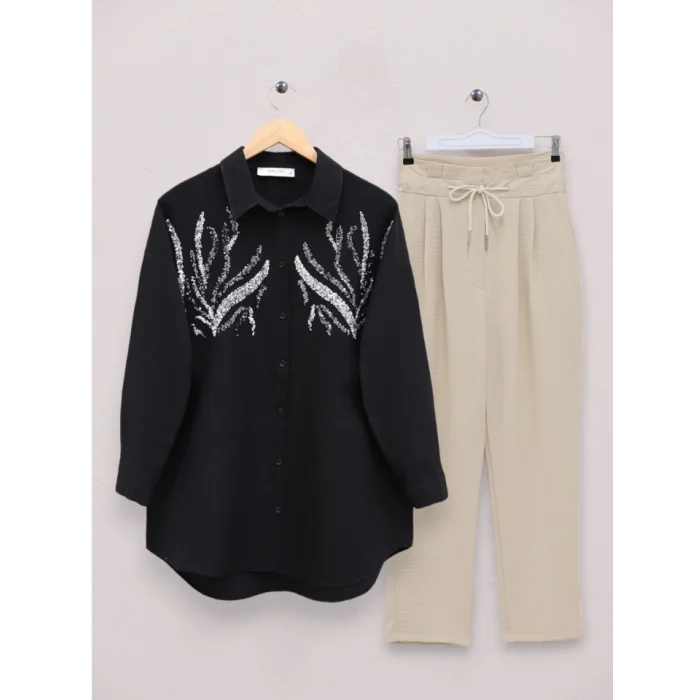 Önü Pul Payetli Uzun Gömlek -Siyah