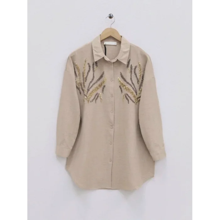 Önü Pul Payetli Uzun Gömlek -Vizon