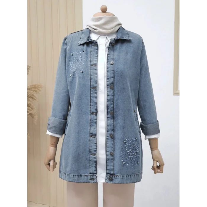 Önü Taş Detaylı Çift Cepli Kot Ceket   -Buz Mavi