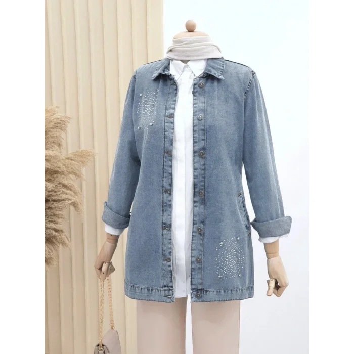 Önü Taş Detaylı Çift Cepli Kot Ceket   -Buz Mavi