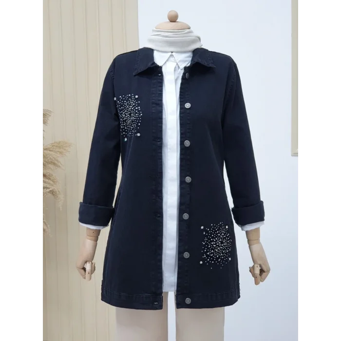 Önü Taş Detaylı Çift Cepli Kot Ceket -Siyah