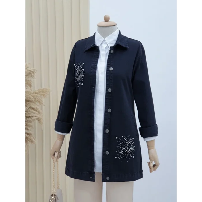 Önü Taş Detaylı Çift Cepli Kot Ceket -Siyah