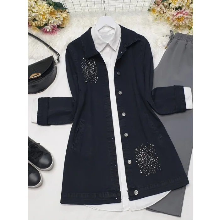 Önü Taş Detaylı Çift Cepli Kot Ceket -Siyah