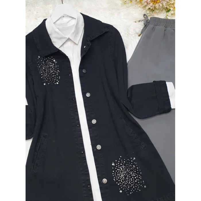Önü Taş Detaylı Çift Cepli Kot Ceket -Siyah