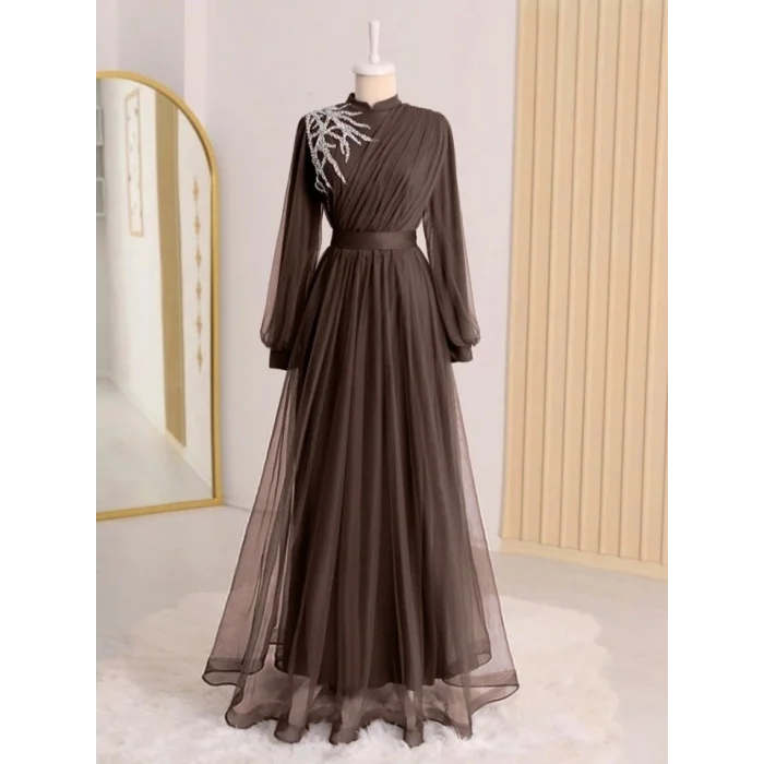 Önü Taş Detaylı Drapeli Kemerli Tül Abiye     -K. Kahve