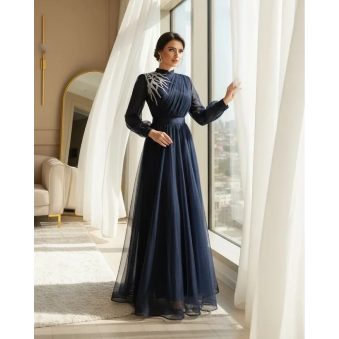 Önü Taş Detaylı Drapeli Kemerli Tül Abiye -Laci