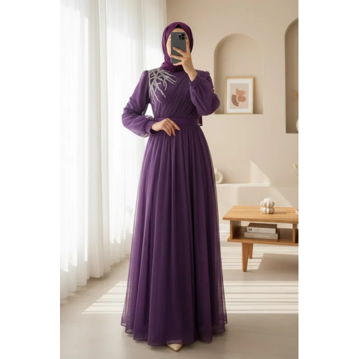 Önü Taş Detaylı Drapeli Kemerli Tül Abiye     -Mor