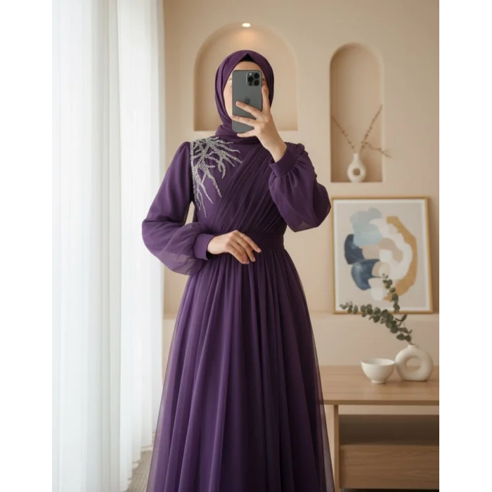 Önü Taş Detaylı Drapeli Kemerli Tül Abiye     -Mor