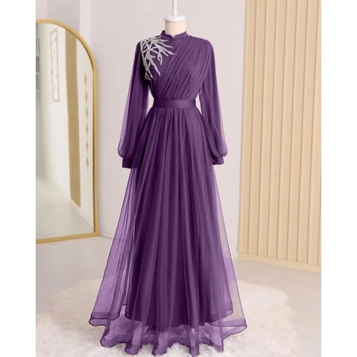 Önü Taş Detaylı Drapeli Kemerli Tül Abiye     -Mor