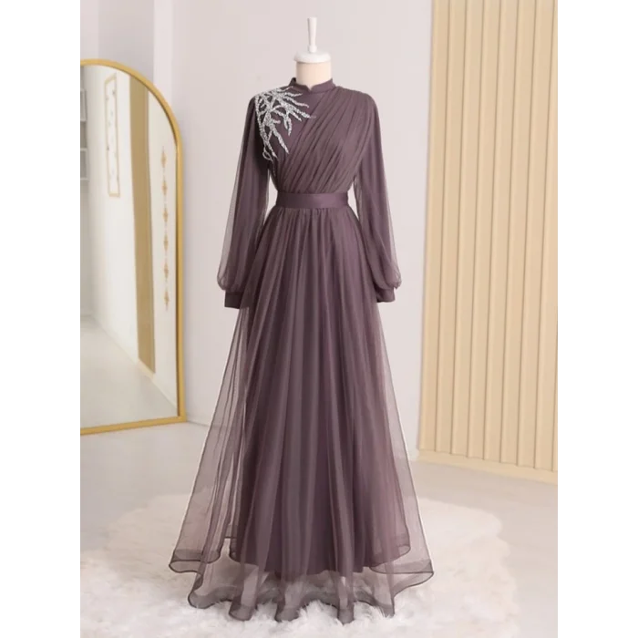 Önü Taş Detaylı Drapeli Kemerli Tül Abiye -Vişne