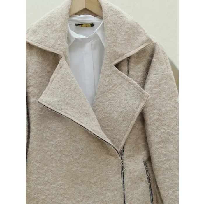 Önü Ve Cebi Fermuarlı Astarlı Buklet Ceket -Bej