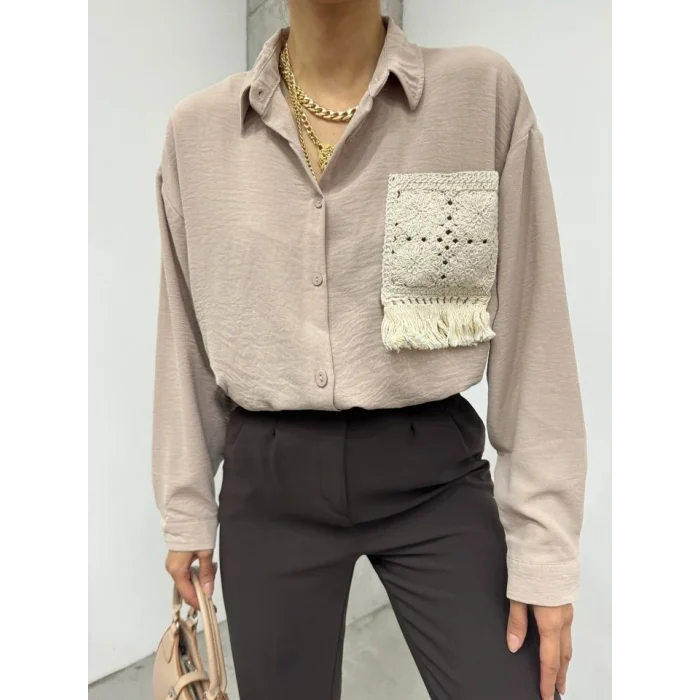 Örgü Cepli Düğmeli Ayrobin Gömlek -Açık Vizon