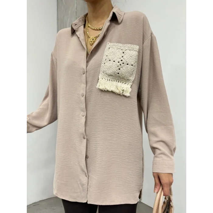 Örgü Cepli Düğmeli Ayrobin Gömlek -Açık Vizon