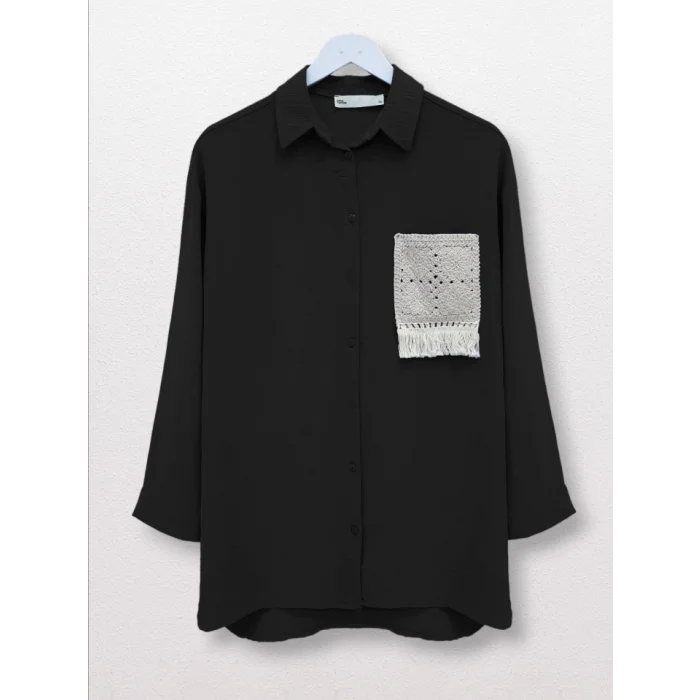 Örgü Cepli Düğmeli Ayrobin Gömlek -Siyah