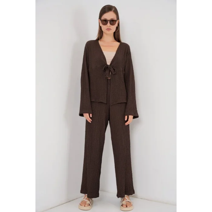 Örme Bluz Pantolon İkili Takım 30052 - Kahverengi