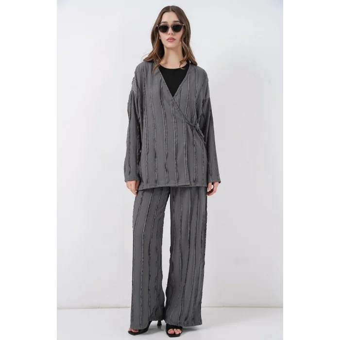 Örme Kimono Pantolon İkili Takım 30067 - Gri