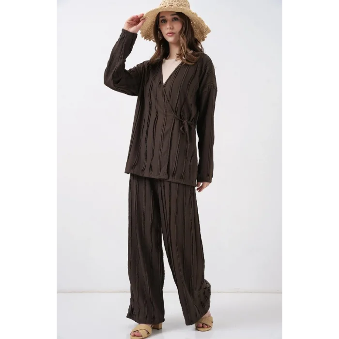 Örme Kimono Pantolon İkili Takım 30067 - Kahverengi