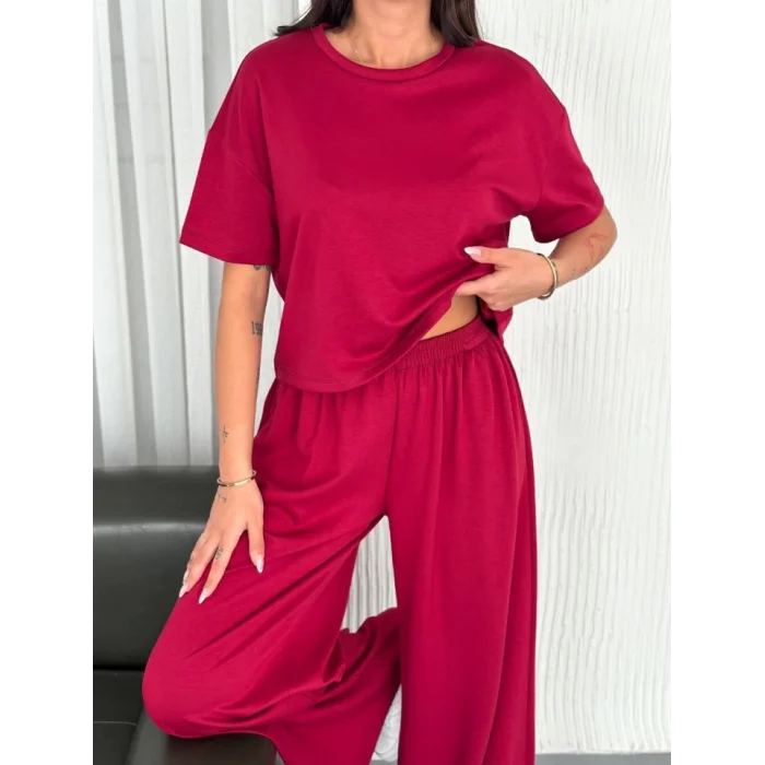 Osy Modal Yumuşak Dokulu Kumaş Bisiklet Yaka T-shirt Bol Paça Pantalon Ikili Takım -Bordo