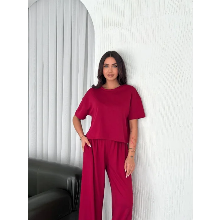 Osy Modal Yumuşak Dokulu Kumaş Bisiklet Yaka T-shirt Bol Paça Pantalon Ikili Takım -Bordo