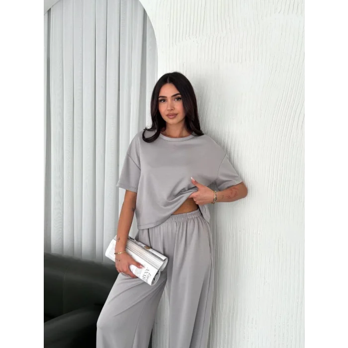 Osy Modal Yumuşak Dokulu Kumaş Bisiklet Yaka T-shirt  Bol Paça Pantalon Ikili Takım - Boyalı Gri